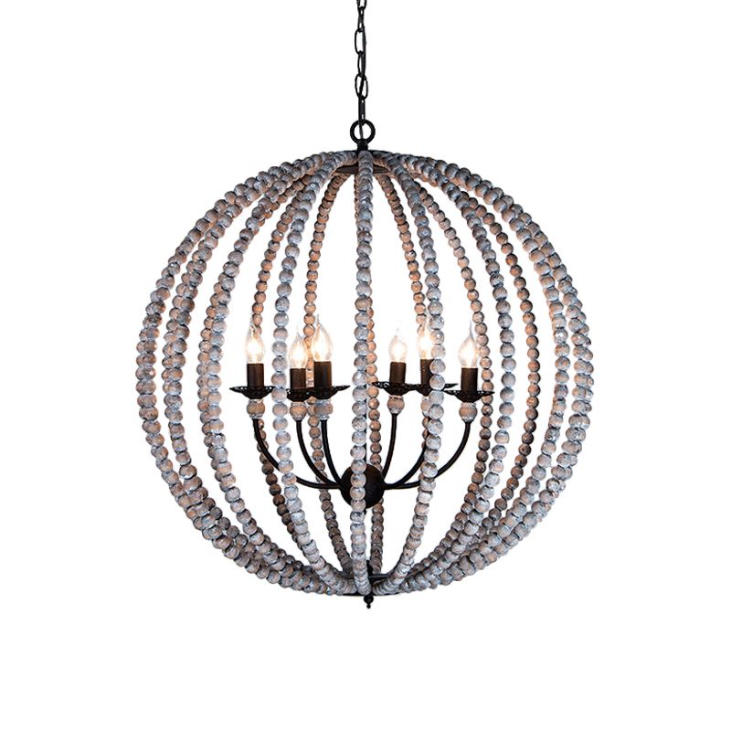 Wood Ceiling Chandelier Beaded Sphere Traditional Pendulum Light with Inner Candelabra Design