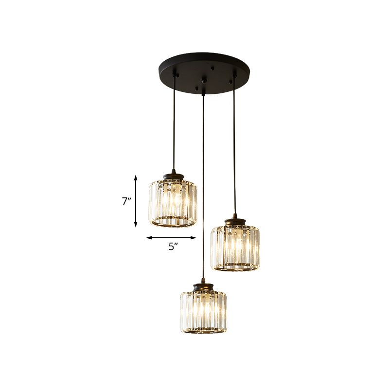 Tambour cristal multi-léger moderniste 3 lumières plafonnier noir hangage de suspension avec canopée linéaire / ronde