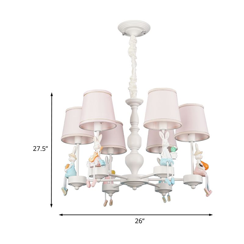 Cartoon Rabbit Resin Pendant Chandelier Kids 5-Head White Hanging Lamp with Tapered Fabric Shade