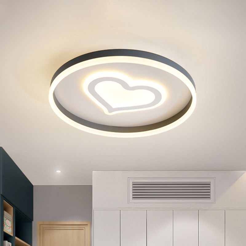 Modern Circular Flush Light Acrylic LED Bedroom Ceiling Lamp in Grey with Butterfly/Loving Heart Pattern