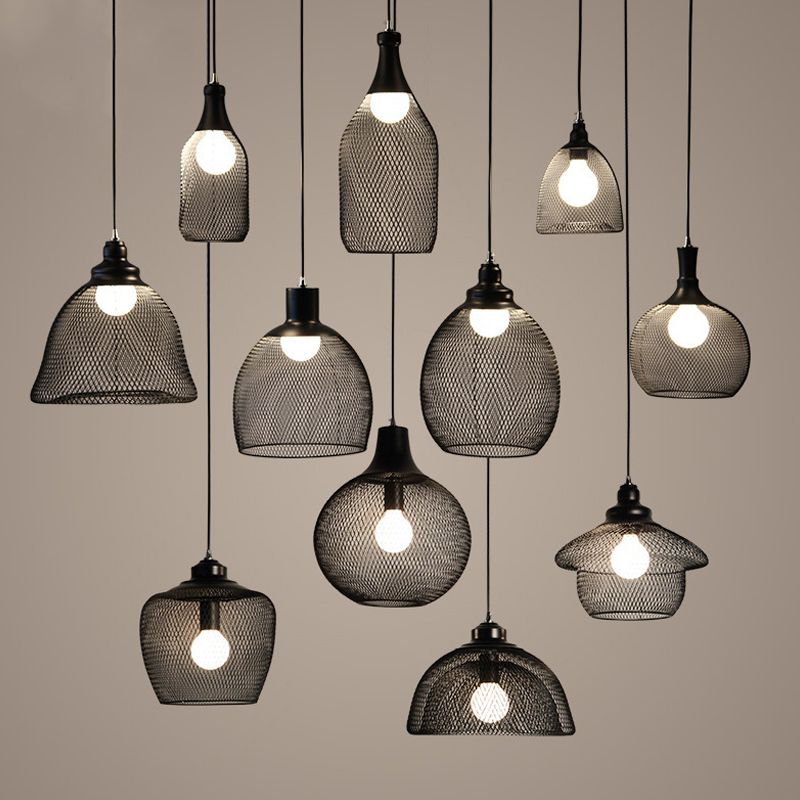 1-Light Dome/Bell/Oval Mesh Drop Pendant Loft Style Black Iron Ceiling Suspension Lamp for Dining Room