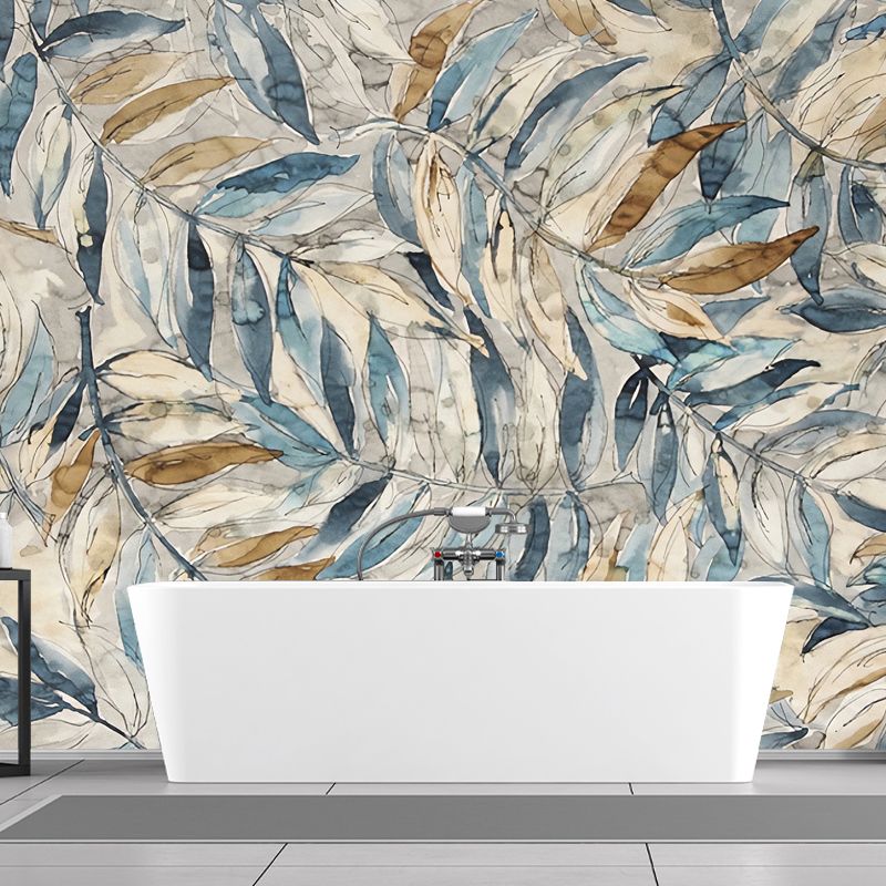 Papier peint mural aquarelles de feuilles pour la décoration de la maison, gris et bleu, sur mesure