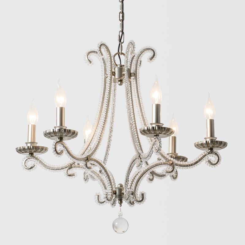 Nickel Finish 6-Bulb Ceiling Pendant Light Traditional Metal Candle Chandelier with Crystal Bead