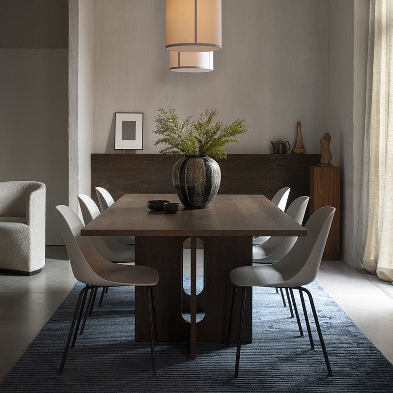 Mesa de comedor rectangular de color madera, mesa de madera maciza, simplicidad con pedestal doble