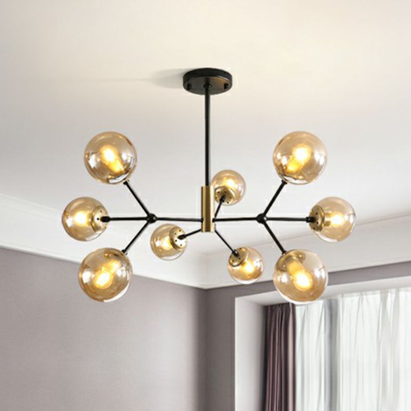 Postmodern Molecule Hanging Light Ball Glass Bedroom Chandelier in Black and Brass