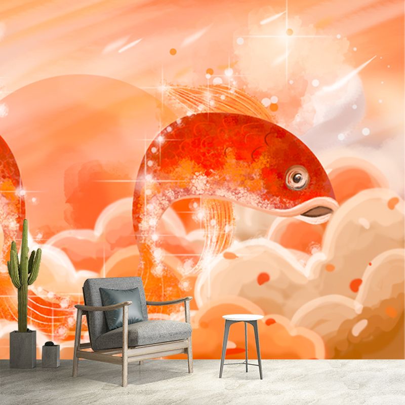 Orange Carp Leap Wall Mural Moisture Resistant Chinese Living Room Wall Covering
