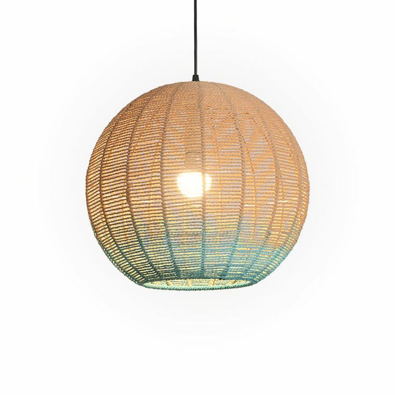 Asiatische kreative Kugelheizlampe Rattan 1 Lampenrestaurant Deckenleuchte in Holz und Blau