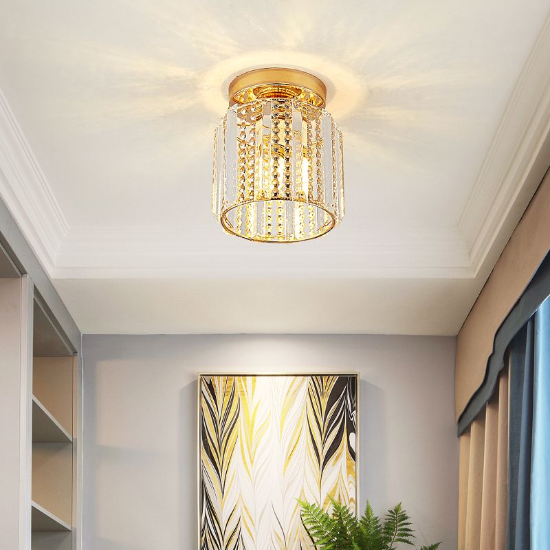 Cylindrical Crystal Mini Flush Lamp Simple 1 Light Golden Corridor Ceiling Mounted Light, 7" Wide