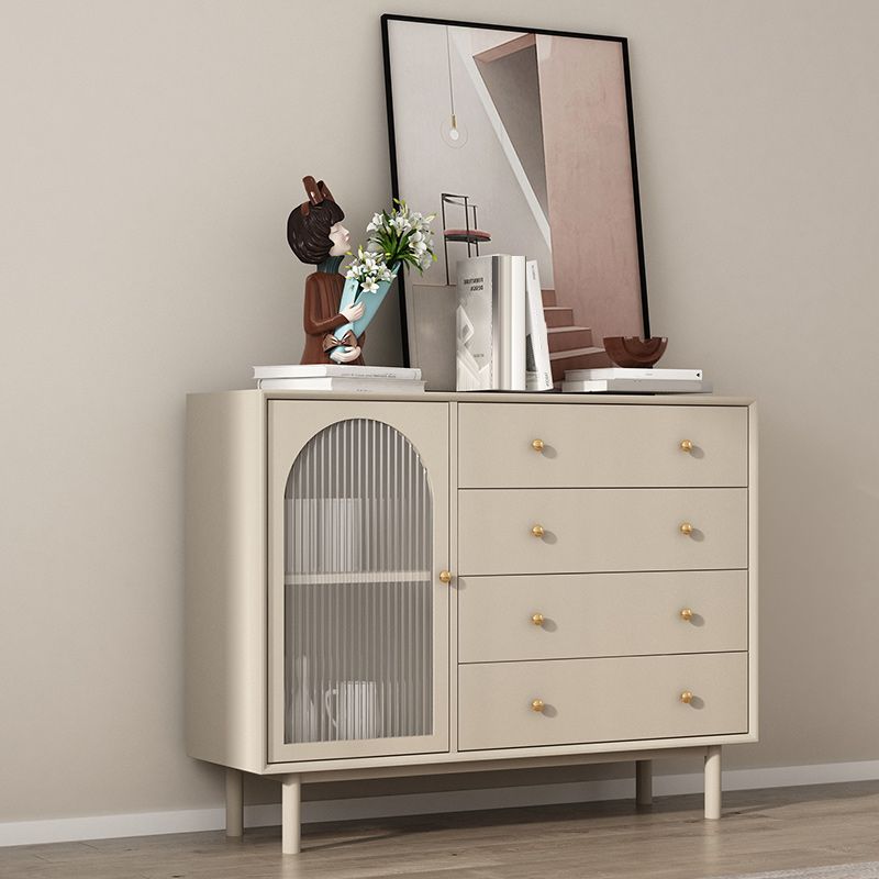 Solid Wood Glass/Rattan Door Cabinet Mid Century Beige Chest with Drawers