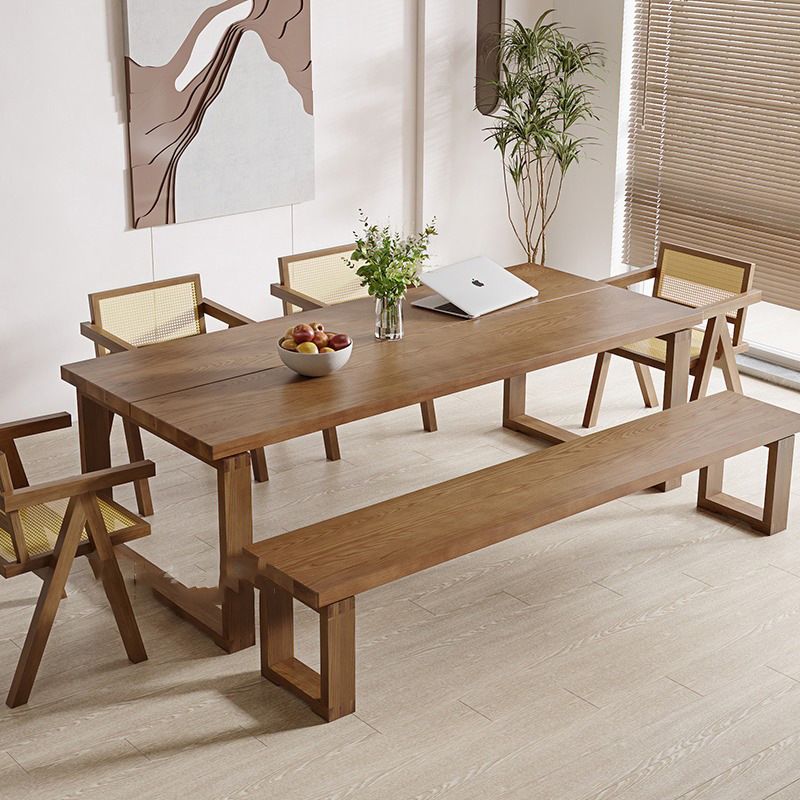 Brown Solid Wood Dining Table Modern Rectangular Furniture with Double Pedestal Base