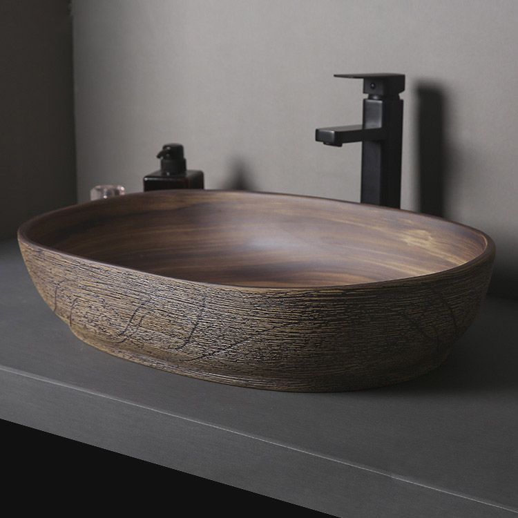 Traditional Bathroom Sink Porcelain Oval-Shape Vessel Lavatory Sink with Pop-Up Drain