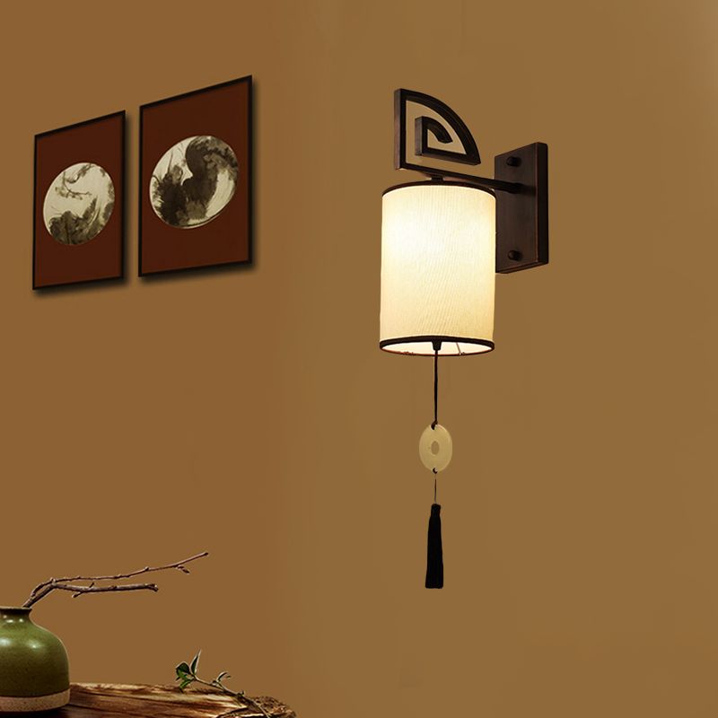 Fabric White Wall Light Fixture Cylinder 1 Light Traditional Sconce for Living Room with Metal Backplate