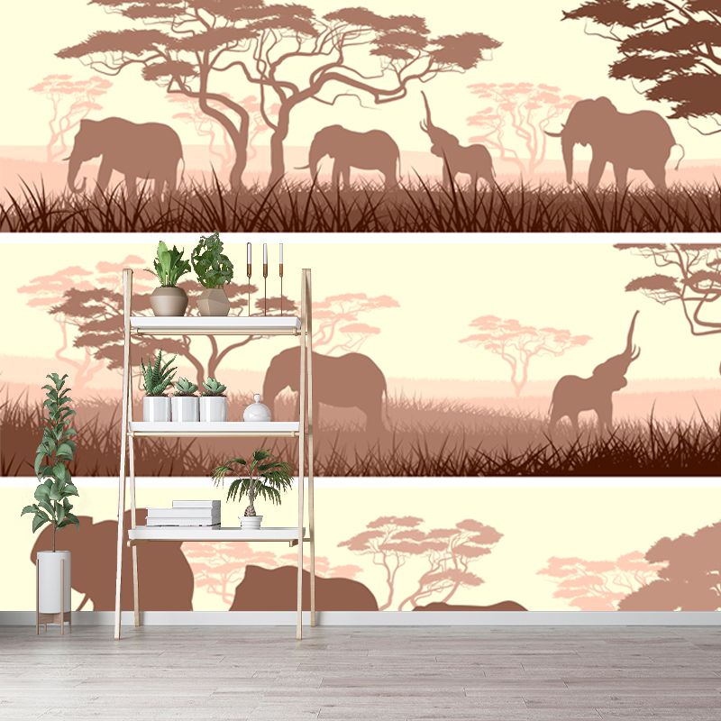 African Savanna Elephant Mural Wallpaper Tropical Non-Woven Wall Decor in Light Brown