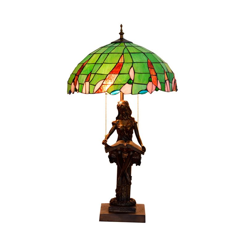 Mädchen Lesen Harz Ziehen Kettentisch Leichte Tiffany 2 Köpfe Kaffee Nachttisch Lampe mit Schüssel grüner Glasschatten