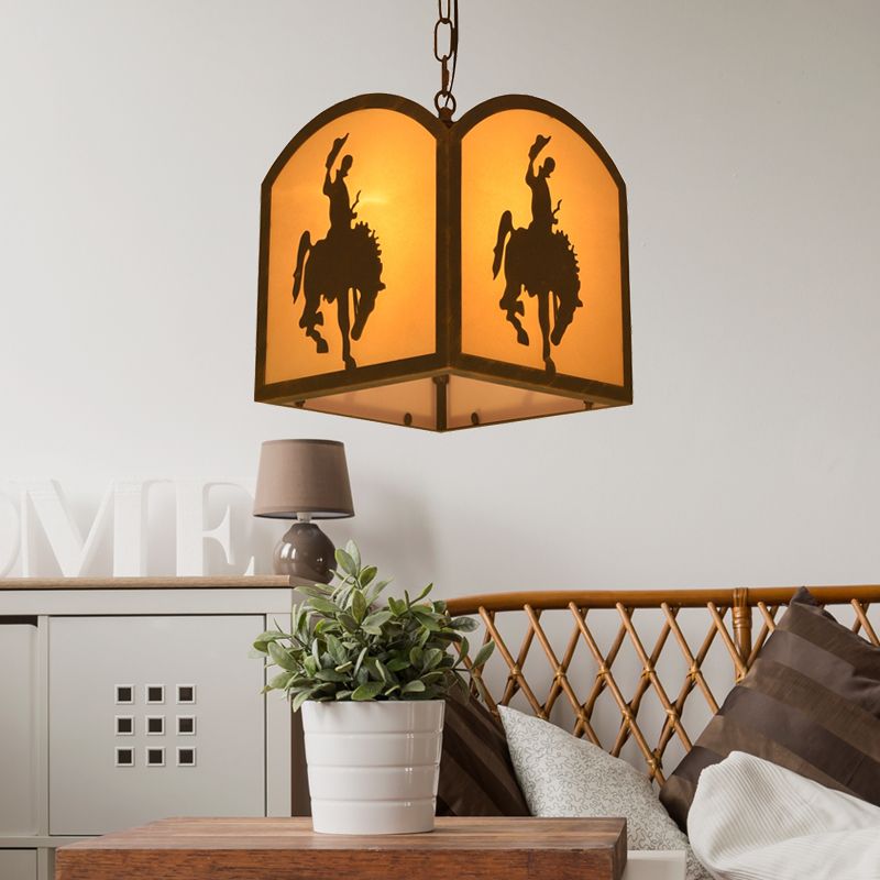 Square Pendant Lighting Metal Vintage 1 Bulb Restaurant Hanging Light Kit in Rust with Horse Pattern