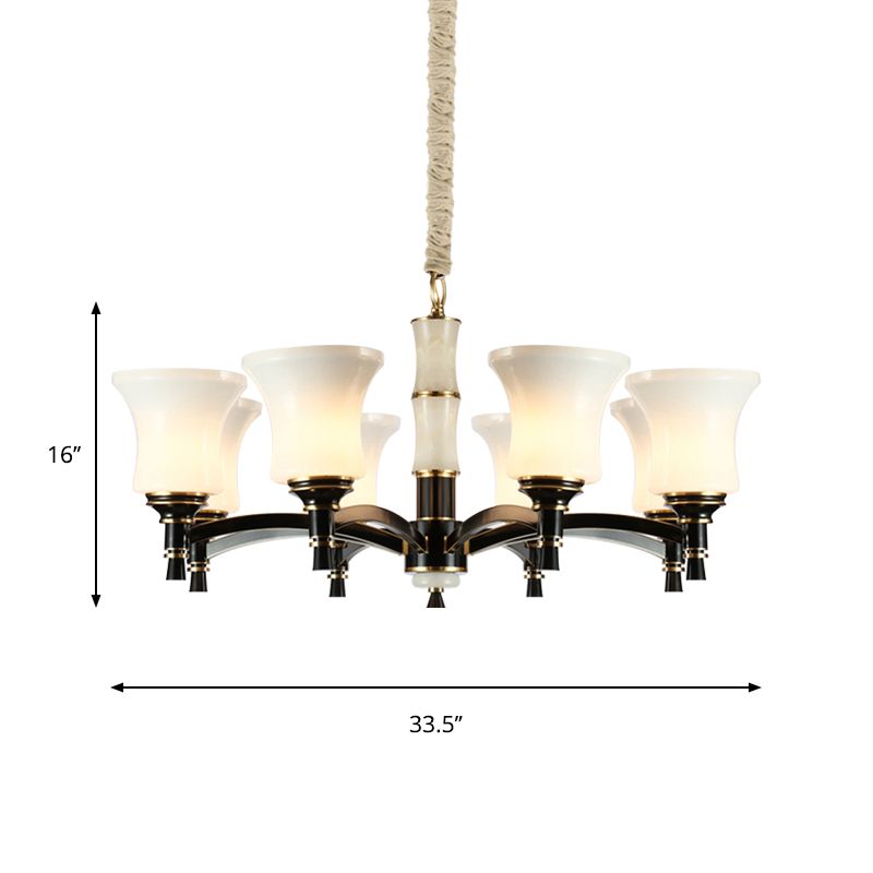 Black Flared Shade Hanging Pendant Light Traditional Style Frosted Glass 6/8-Head Living Room Chandelier Light