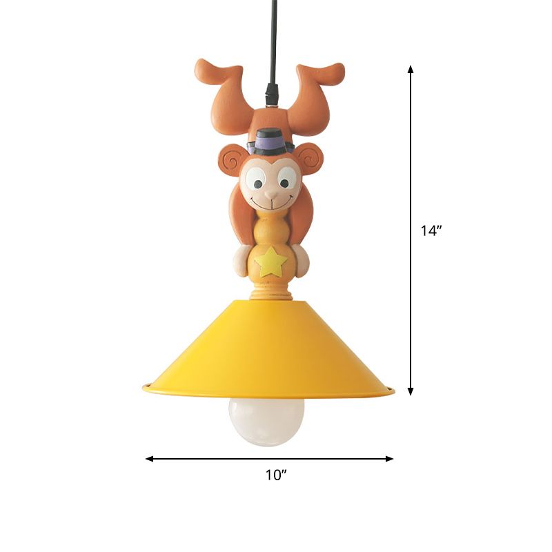 Kids Cartoon Monkey Ceiling Light Resin 1/3 Lamps Bedroom Hanging Pendant in Yellow with Cone Shade