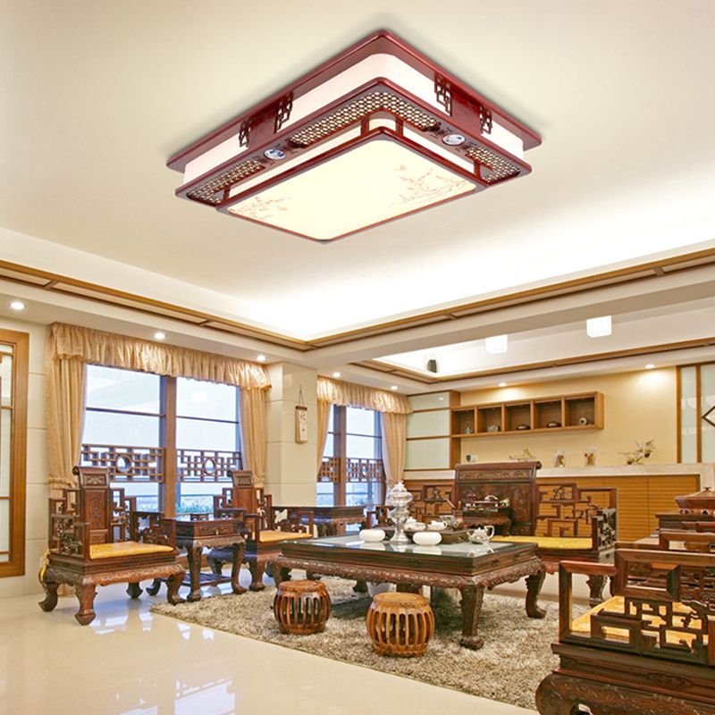 LED Flush Mount Classic Stylish Flower/Bird/Branch Wood Close to Ceiling Lamp in Dark Red for Living Room