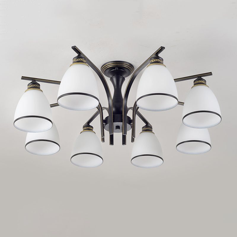 Black Radial Ceiling Light in Traditional Retro Style Wrought Iron Semi Flush Mount with Glass Shade