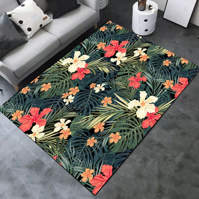 Green Tone Modern Indoor Rug Polyester Leaves Print Carpet Non-Slip Backing Rug for Home Decoration
