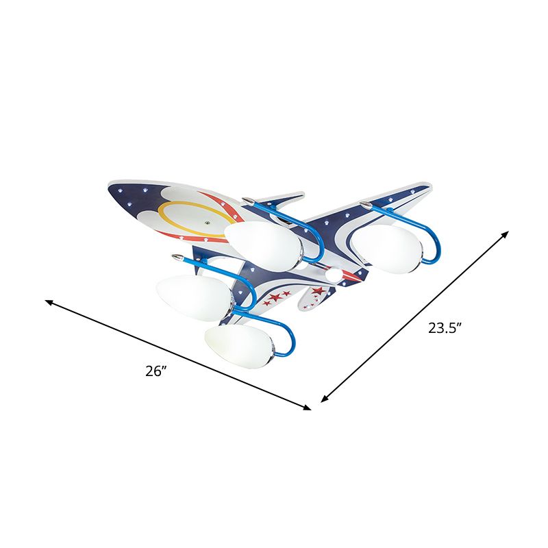 White Aircraft Flush Mount Fixture Kids 4-Head Wooden Ceiling Lighting with Oval Ivory Glass Shade