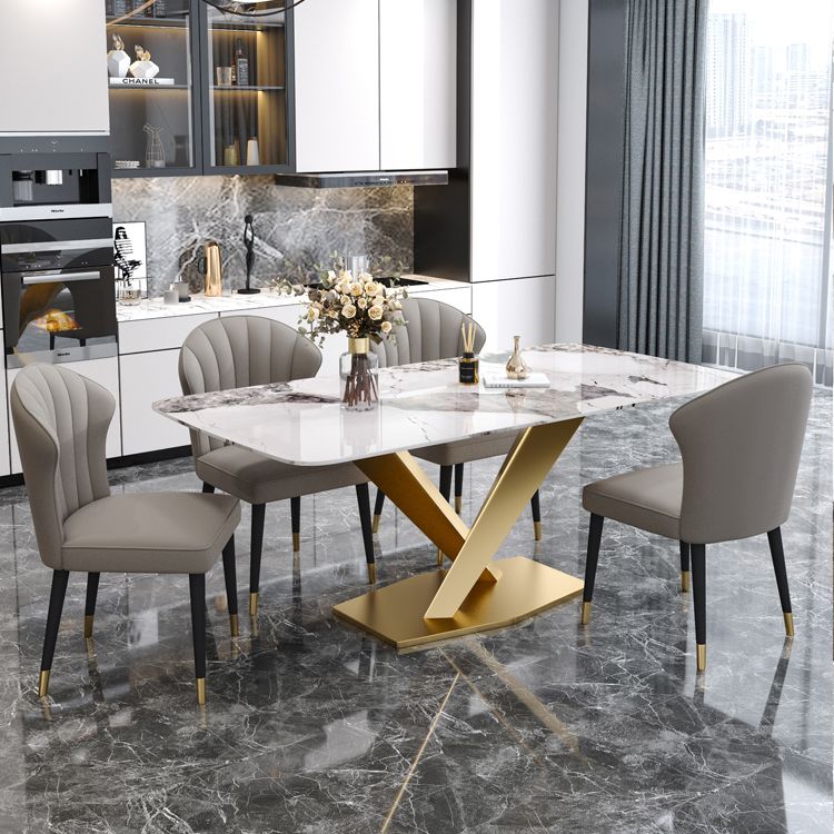 Rectangle Glam Dining Table White Tone Fixed Table with Sintered Stone