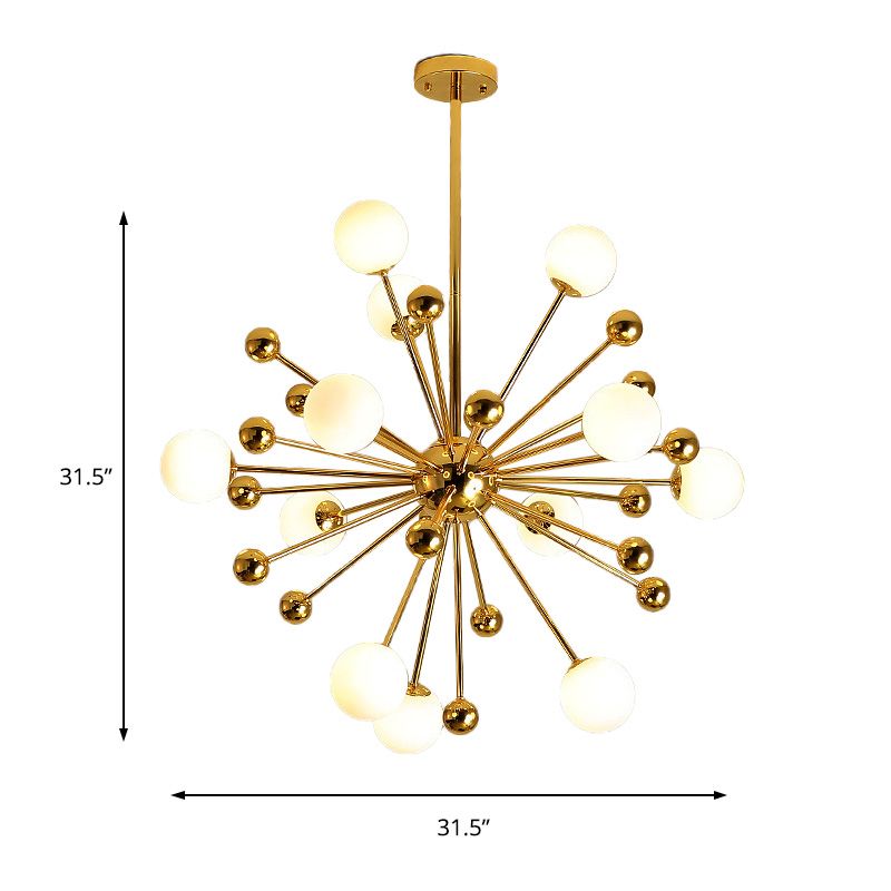 Designer Starburst Metal Chandelier Multi Lights Gold Ceiling Pendant Lamp with White Glass Ball Shade, 23.5"/31.5"/39" Wide