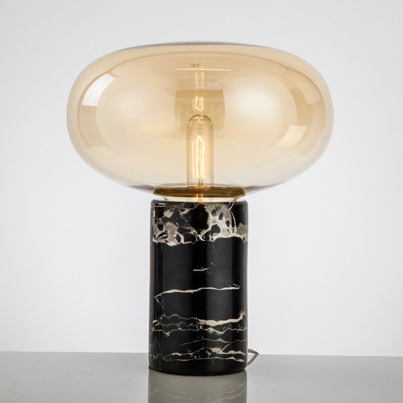 Lampada da tavolo da soggiorno ovale postmoderna in vetro grigio/ambra con 1 lampadina con base cilindrica in marmo nero