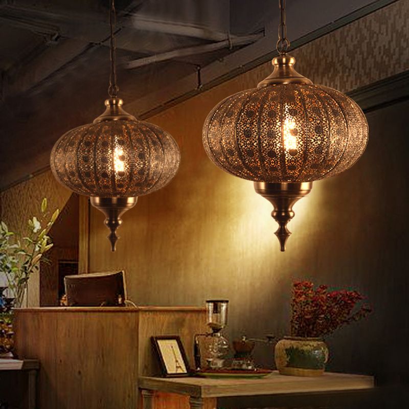 Metallic Teardrop/Lantern Hanging Pendant Retro 1 Light Brass Exquisite Hollowed Ceiling Lamp, 16"/18"/19.5" Wide