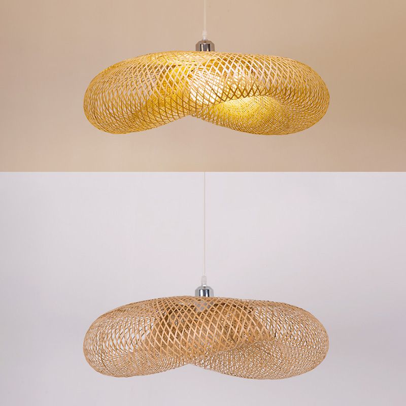 Beige Hat Shaped Pendant Lighting Fixture Asia Style Bamboo Hanging Pendant Light