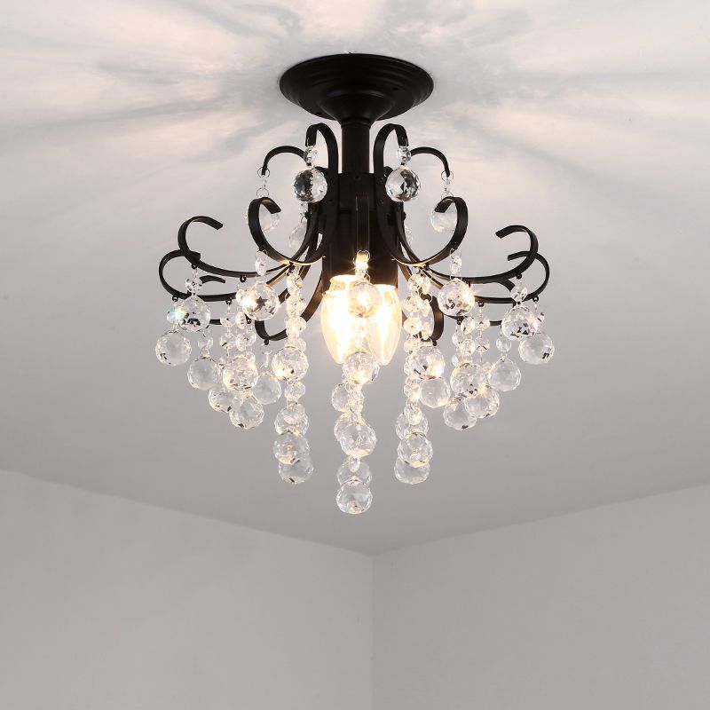 3-Bulb Semi Mount Lighting Vintage Swirl Crystal Ceiling Light in Black for Foyer