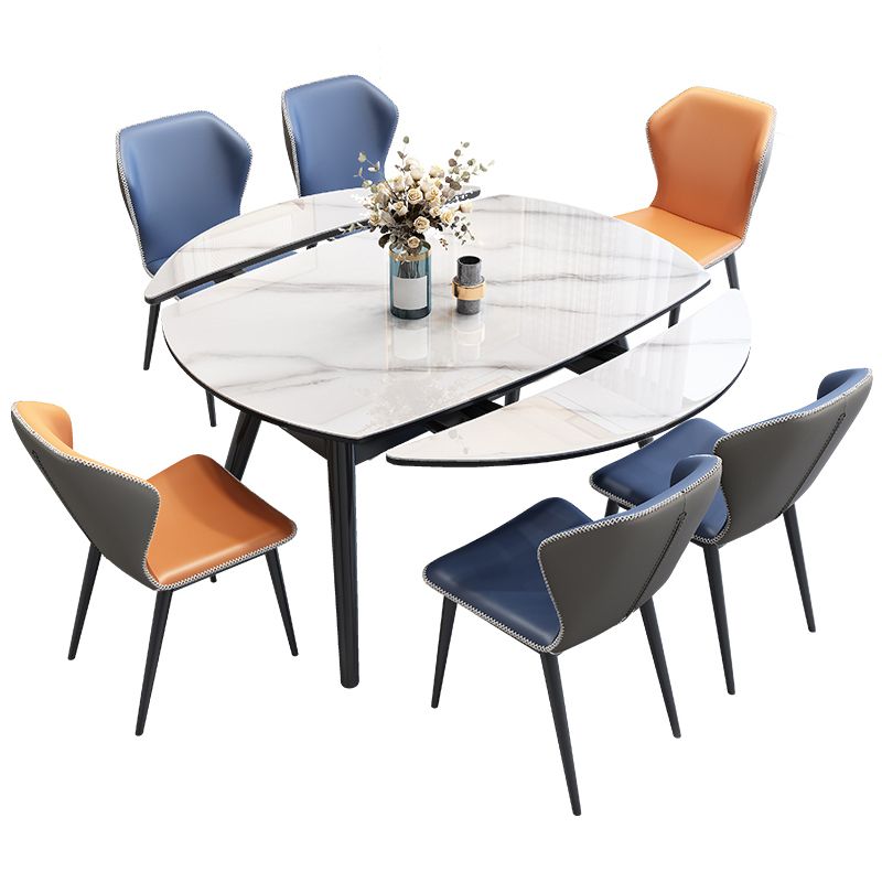 Modern Extendable White Stone Top Dining Table with 4 Black Rubberwood Legs