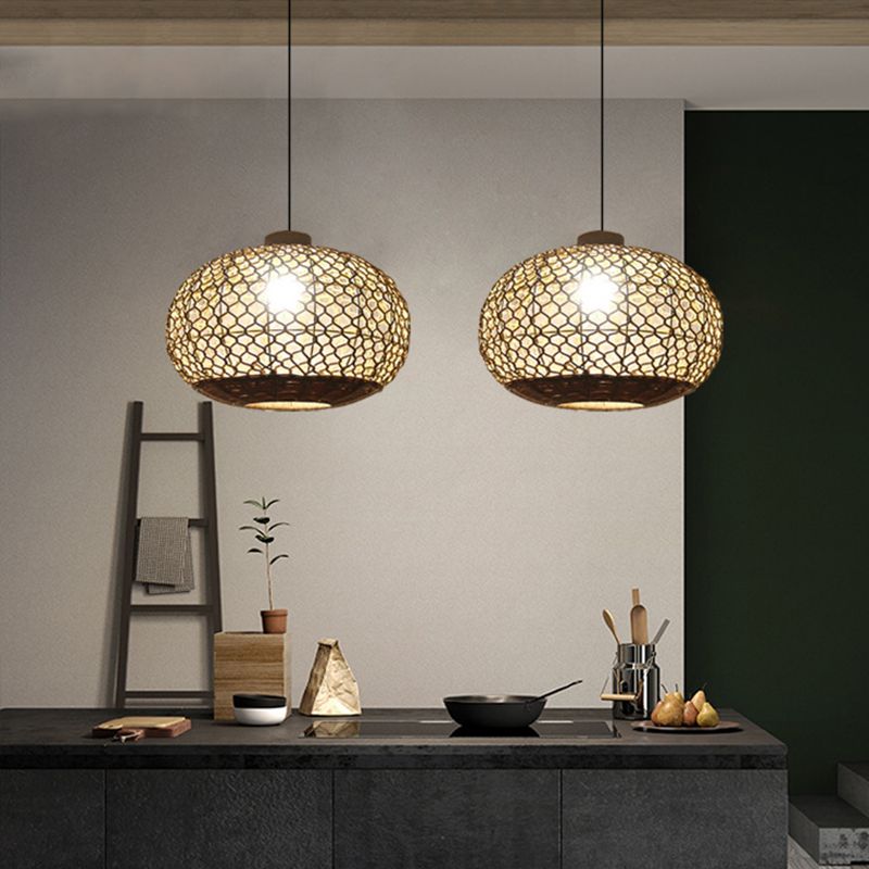 Oval Lantern Restaurant Pendant Lighting Hemp Rope Single Bulb Rural Hanging Lamp Kit in Flaxen