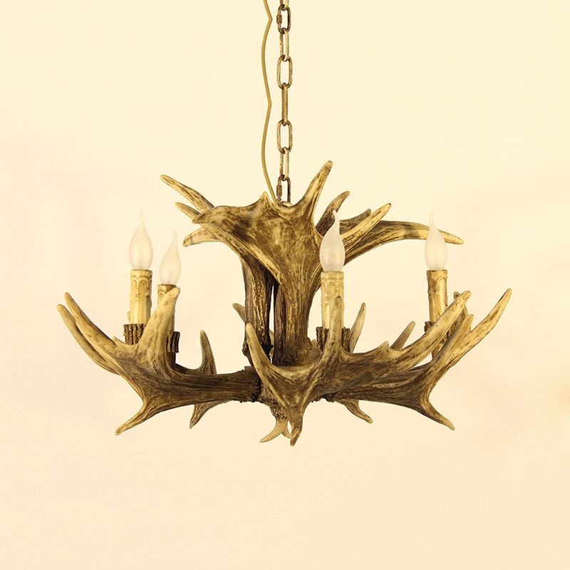 Rustic Faux Antler Ceiling Chandelier 5 Heads Resin Hanging Pendant Light in Brown for Living Room