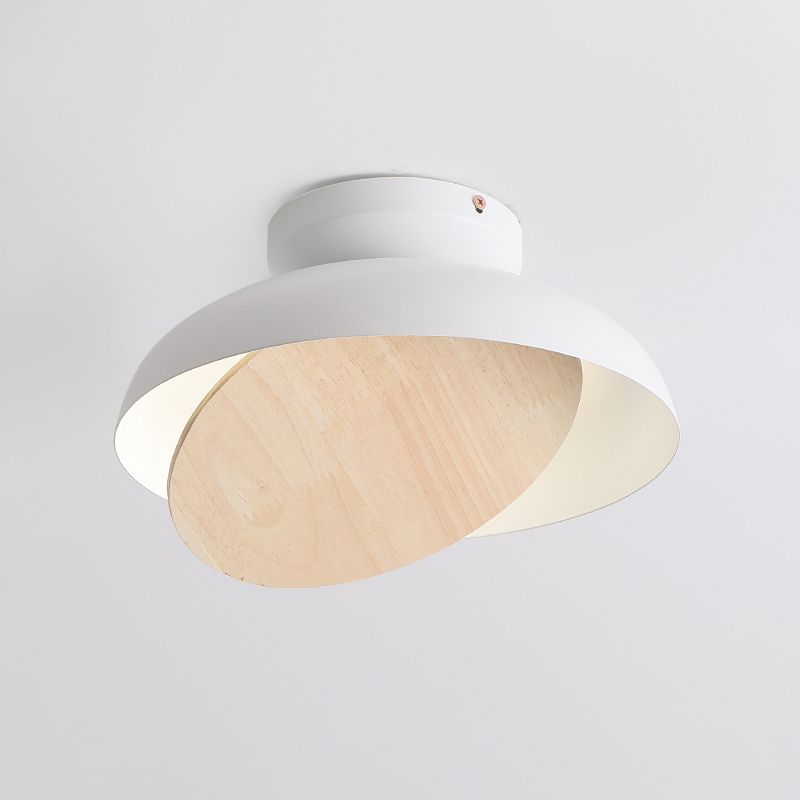 Macaron Shallow Bowl Iron Flush Mount LED Close to Ceiling Light with Mobile Wood Shield in Yellow/Pink/Green for Foyer