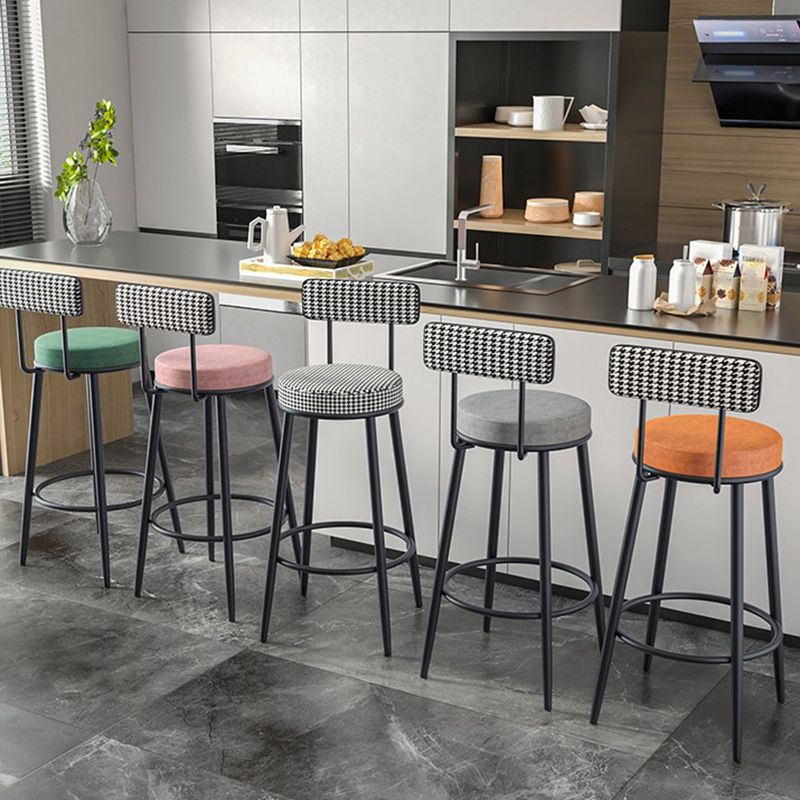 Fabric Round Seat Counter Stool Scandinavian Low Back Barstool with 4 Black Iron Legs