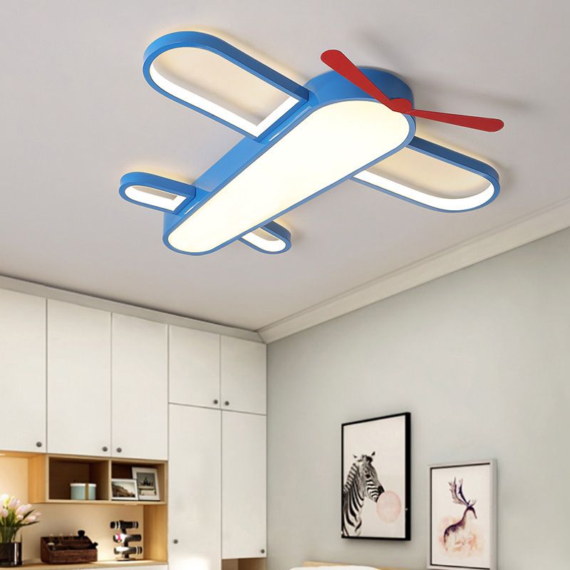 Blue Aircraft LED Flush Mount Lighting Cartoon Metal Flushmount Ceiling Lamp for Bedroom