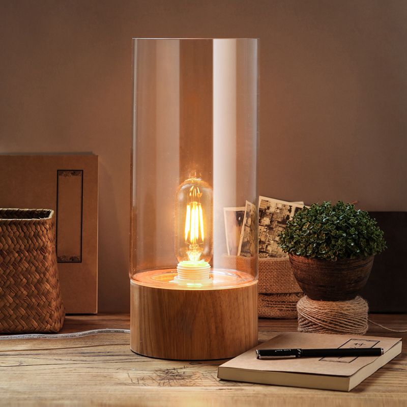 1 Cylindre de tête de nuit table de table de lampe de lampe de nuit transparente en verre clair avec base en bois