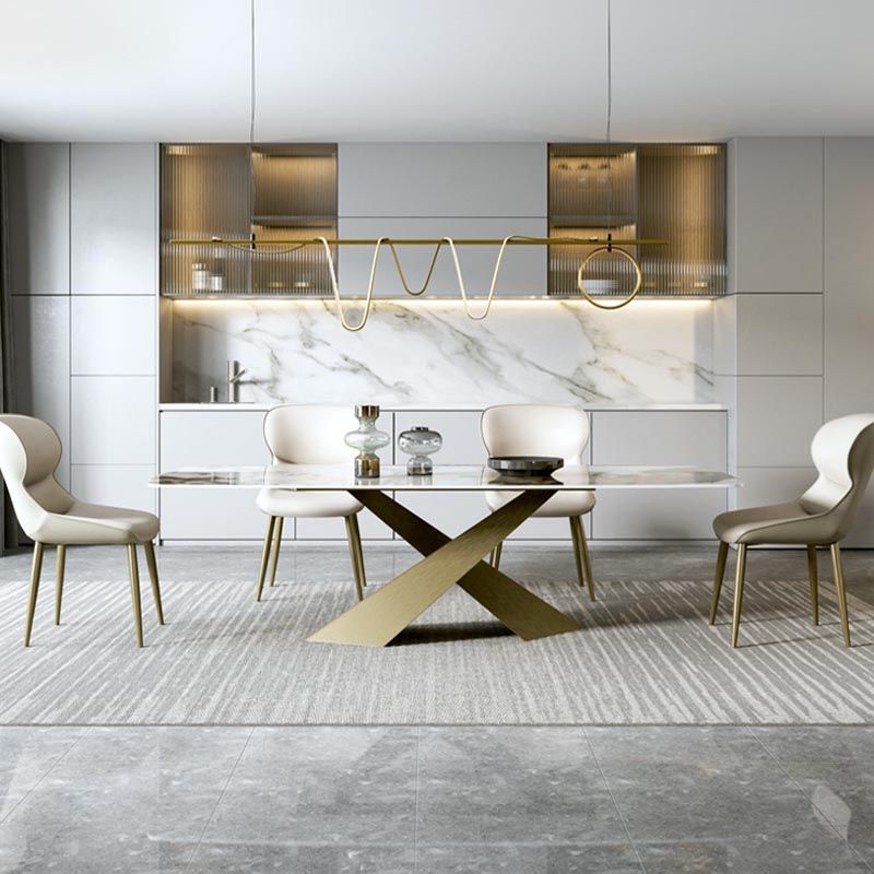 Stone Top Dining Table Traditional Luxury Rectangle Table with Pedestal Base