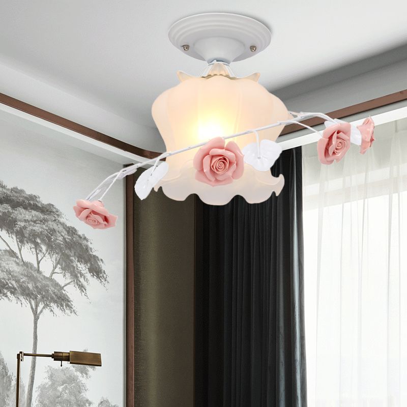 1 Bulb Scalloped Ceiling Flush Mount Traditional White/Green Satin Opal Glass Semi Mount Lighting