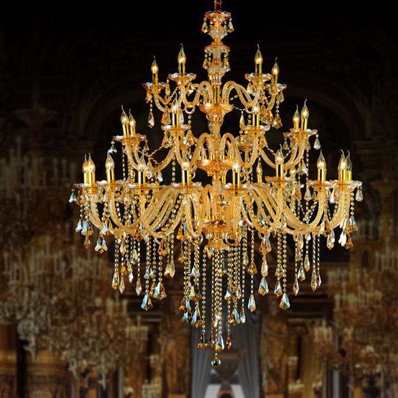Amber Crystal Gold Hanging Pendant Curvy Arm 24 Lights Traditional Chandelier Lighting