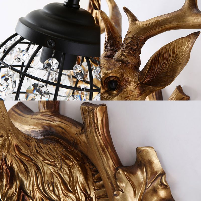 Ellipsoid Cage Beveled Crystal Sconce Farmhouse 12"/18" W 1 Head Living Room Wall Mount Lighting with Gold Antler Backplate