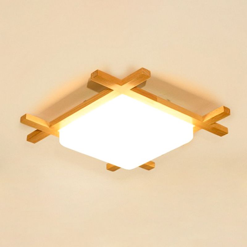 Minimalist LED Flush Ceiling Light Fixture Wood Square Flush Mount Light with Wood Shade