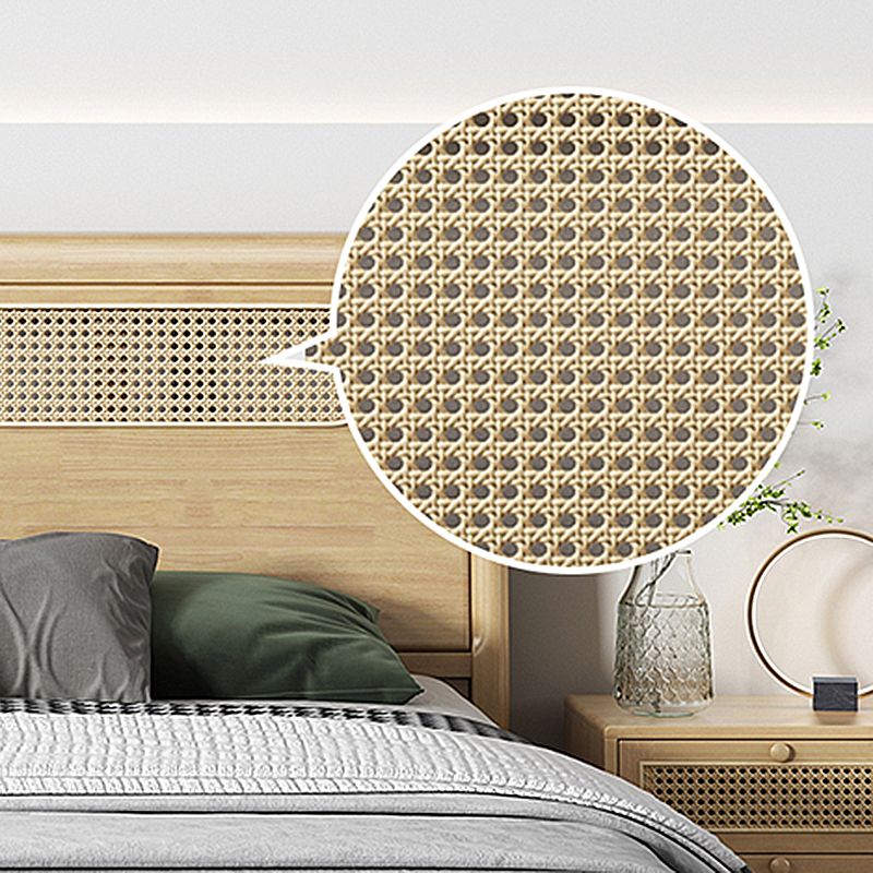 Rectangular Natural Standard Bed Solid Wood and Rattan Panel Bed Rubberwood