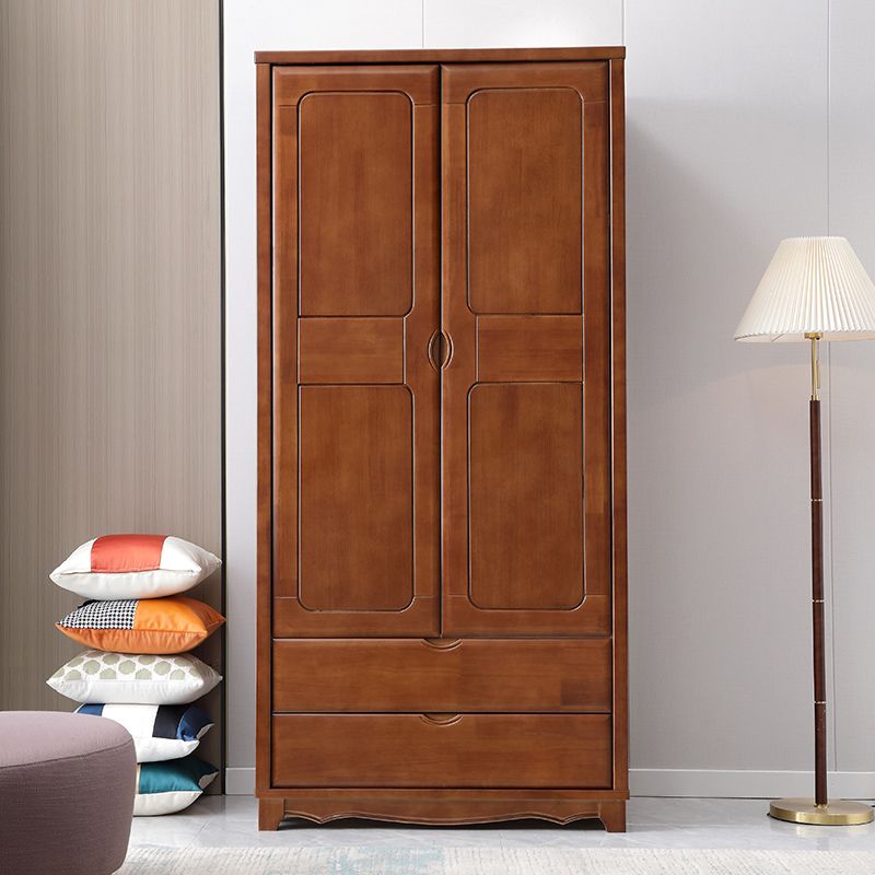 Rubberwood Solid Wood Wardrobe Traditional Freestanding Wardrobe with 2 Drawers