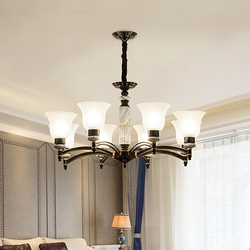 Ribbed Frosted Glass Flared Chandelier Vintage Bedroom Pendant Light with Scalloped Edge in Black