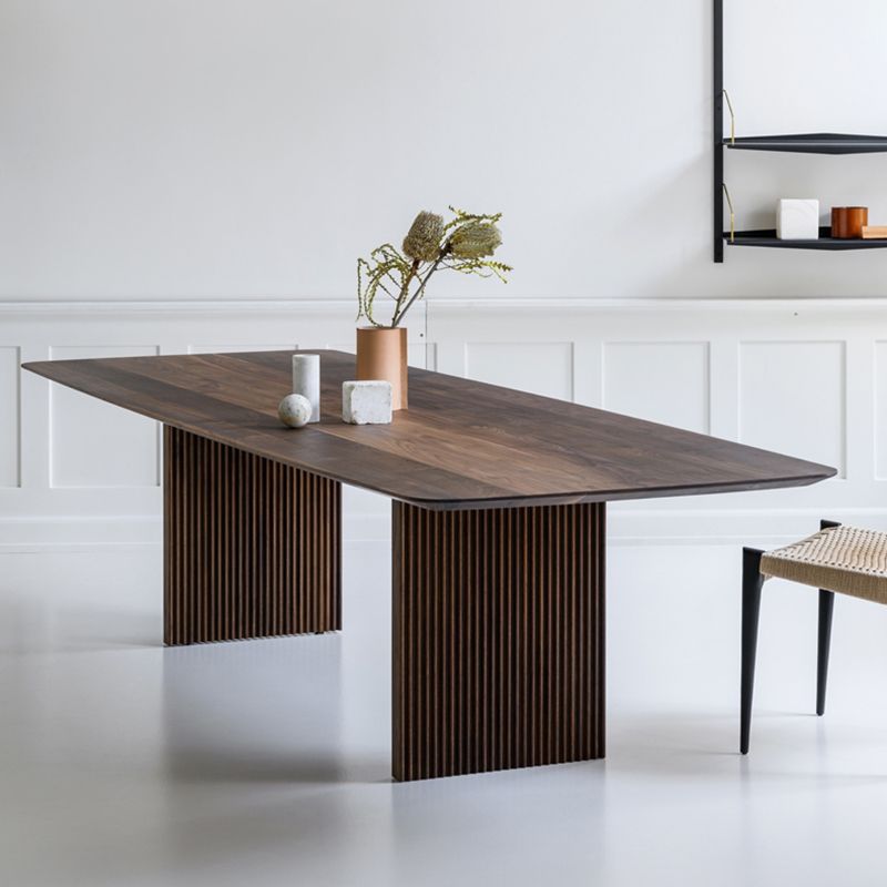 Rectangle Double Pedestal Modern Dining Table Wood Color Fixed Table with Solid Wood