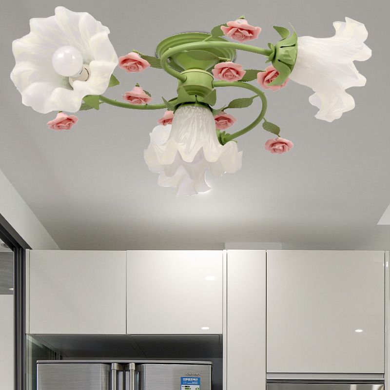 Spiral Bedroom Semi Flush Light Korean Flower Metal 4 Bulbs Green Close to Ceiling Lighting