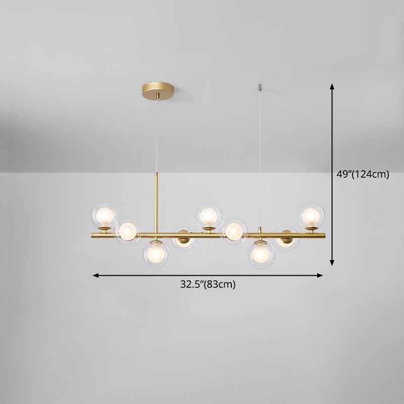 Scandinavian Brass 9-Light  Kitchen Island Light Linear Chandelier with Frosted Glass Shades