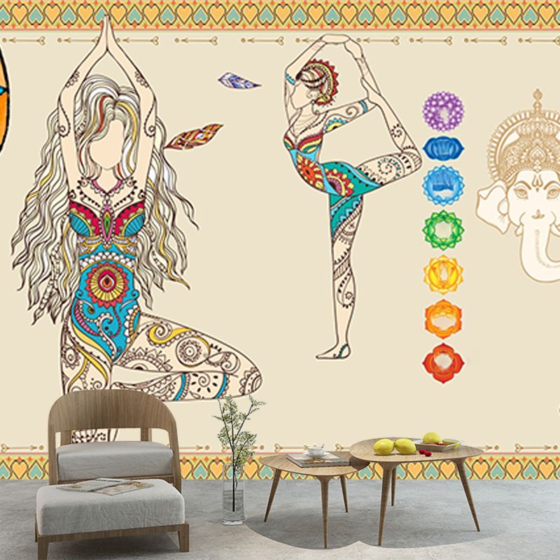 Beige Artistry Wall Covering Mural Large Yoga Girls Pattern Wall Art for Bedroom